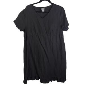 Match Point USA Black Linen Dress Ruffle Hem V Neck Short Sleeve XL